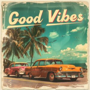 Cars from 1960s with ocean and mountains in background and good vibes sign